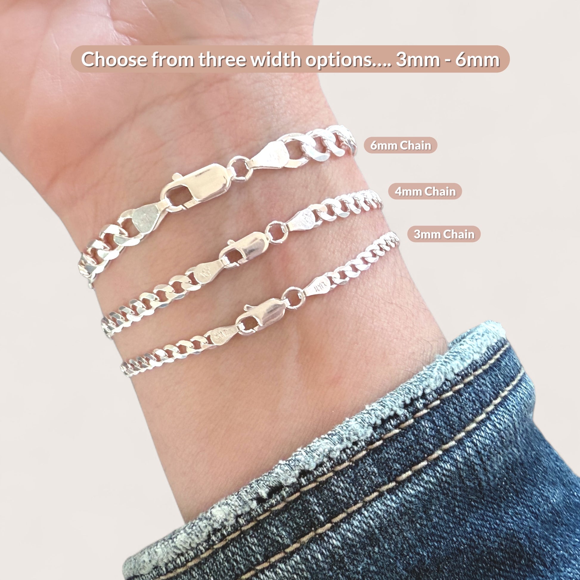 Three silver chain bracelets on a wrist with text indicating width options.
