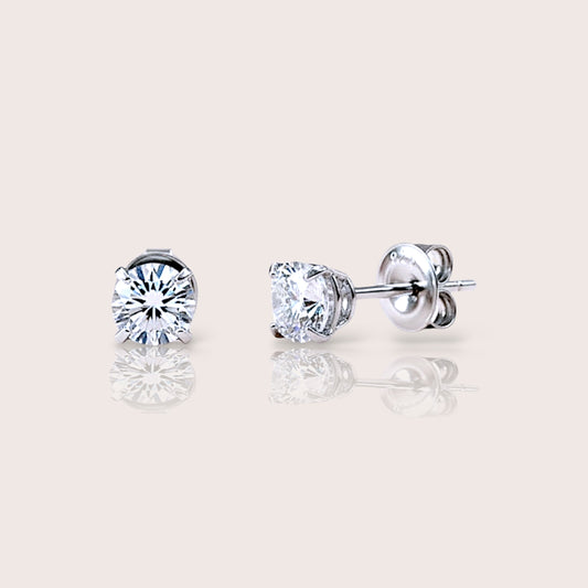 Close up of GRA Certified Rhodium Sterling Silver Moissanite Earrings for Men or Women two size options: 

5mm (1.00CTW) – Each earring features a 0.50ct (DEW) moissanite, ideal for a timeless, understated sparkle.

6mm (1.60CTW) – Each earring features a 0.80ct (DEW) moissanite, offering a bolder, more luxurious presence.