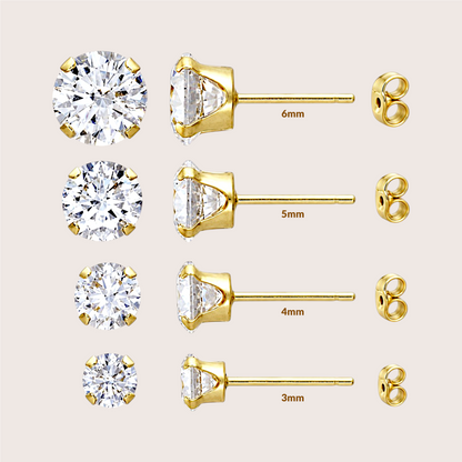 Front and side views of gold-filled four-prong CZ studs labeled 6mm, 5mm, 4mm and 3mm, showing basket settings posts and secure backs. 