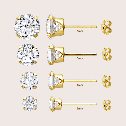 Front and side views of gold-filled four-prong CZ studs labeled 6mm, 5mm, 4mm and 3mm, showing basket settings posts and secure backs. 