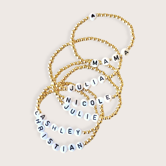 Stretch Gold beaded bracelets with white letter beads, custom personalized in 14k gold filled, waterproof  materials 