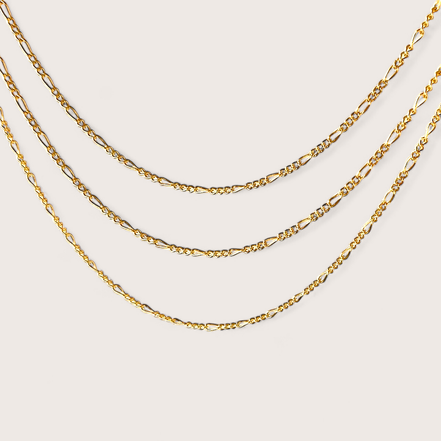 Dainty Gold Figaro Link Necklaces, in 14k yellow gold filled, available in 16 inches, 18 Inches and 20 Inches. Necklace extenders available for purchase if needed