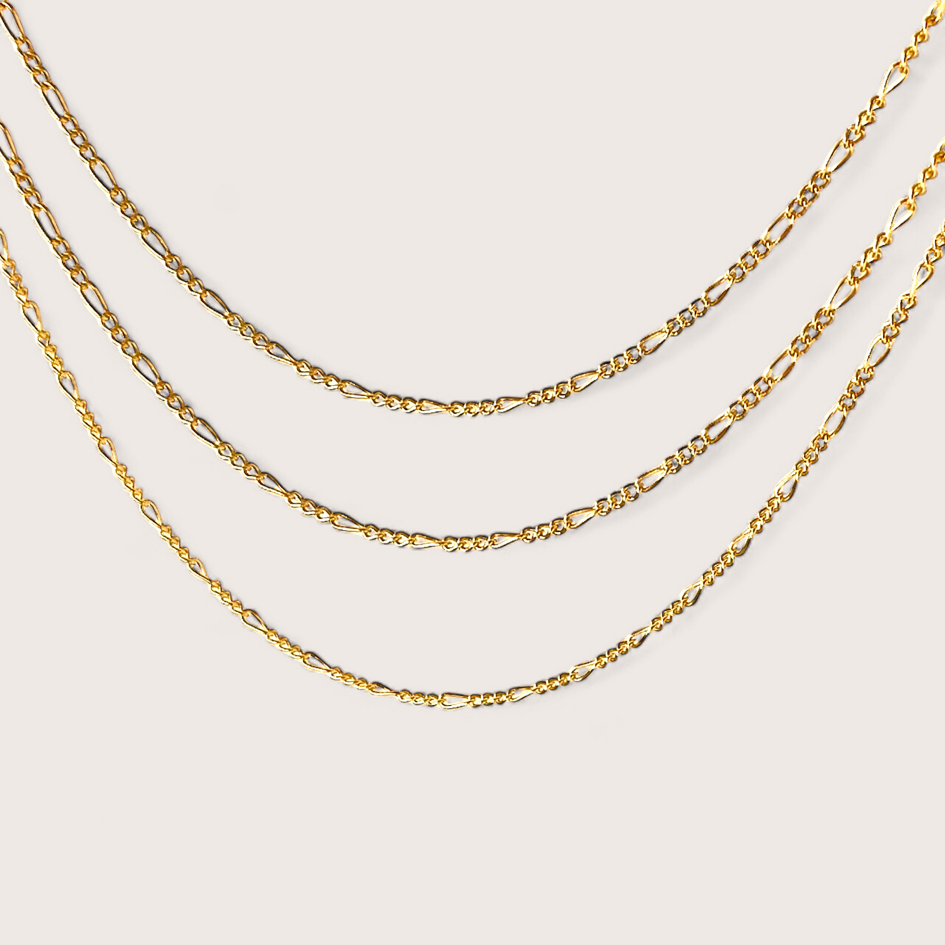 Dainty Gold Figaro Link Necklaces, in 14k yellow gold filled, available in 16 inches, 18 Inches and 20 Inches. Necklace extenders available for purchase if needed