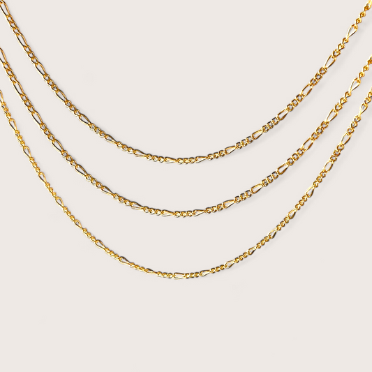 Dainty Gold Figaro Link Necklaces, in 14k yellow gold filled, available in 16 inches, 18 Inches and 20 Inches. Necklace extenders available for purchase if needed