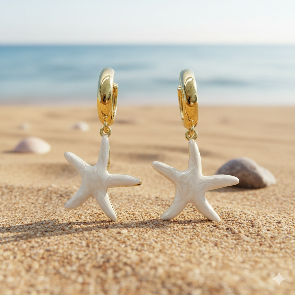 Starfish-shaped earrings with gold huggie hoops on a sandy beach background
