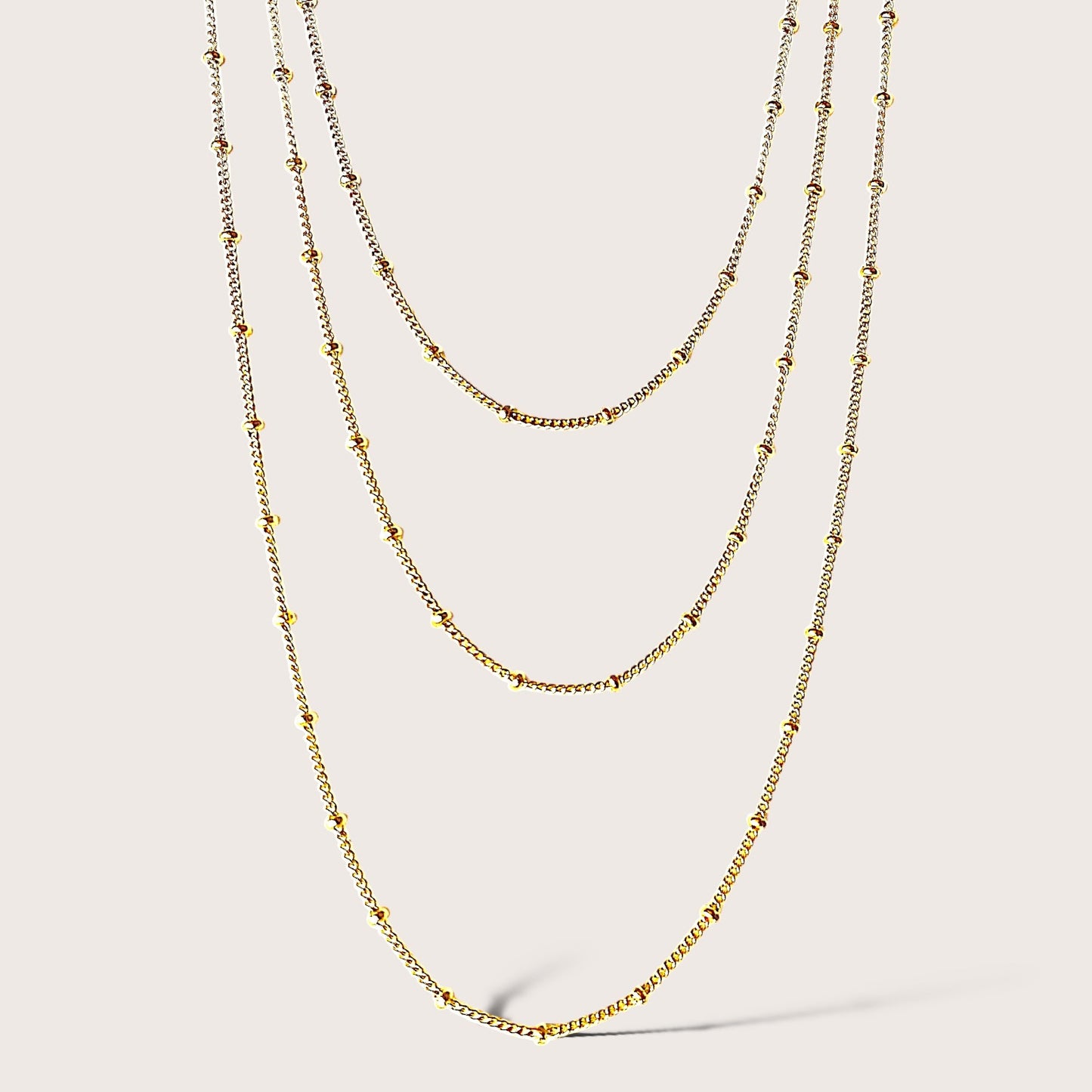Station Bead Chain Necklace Crafted with high-quality 14K yellow gold filled, shown in 3 different lengths
