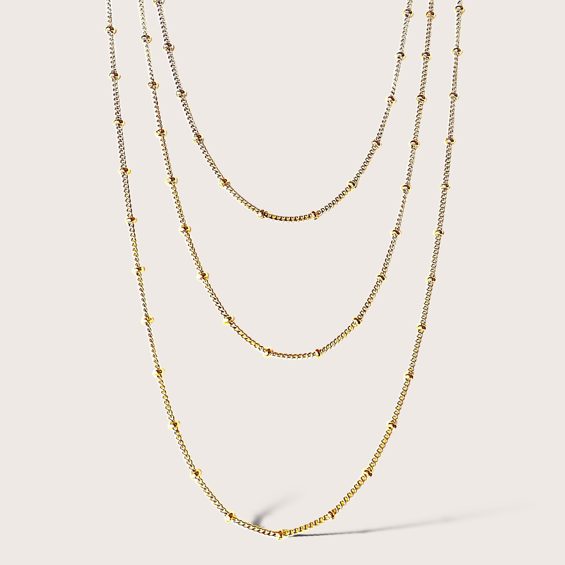 Station Bead Chain Necklace Crafted with high-quality 14K yellow gold filled, shown in 3 different lengths