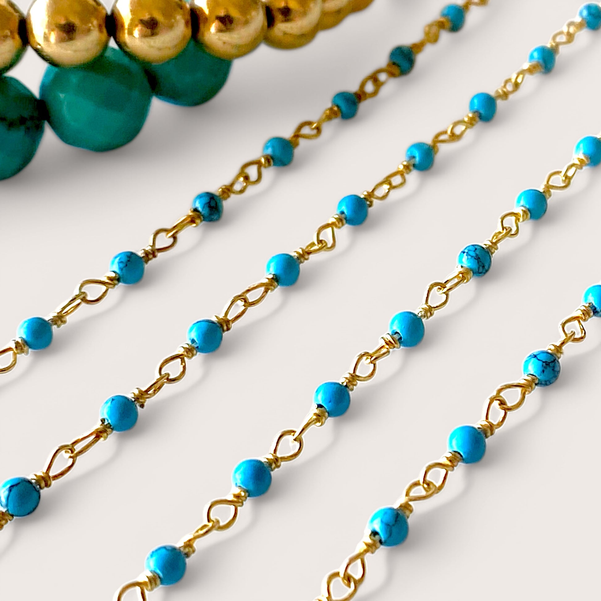 Close up of 14k Gold plated Serling Silver Turquoise Beaded Chain Bracelet 
