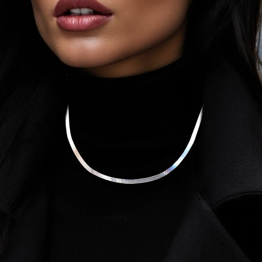 Italian-Made Silver Herringbone Necklace on Model - Unisex 3.2mm