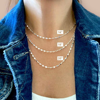 Sparkling Solid 925 Italian Sterling Silver Valentino Link style chain, shown layered on a model wearing the 16” 18” and 20” 
