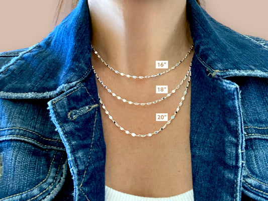 Sparkling Solid 925 Italian Sterling Silver Valentino Link style chain, shown layered on a model wearing the 16” 18” and 20” 