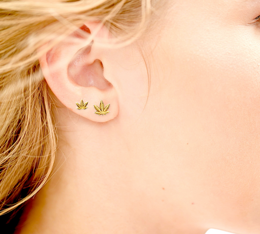 Both earring sizes shown on a models ear for a size visual 