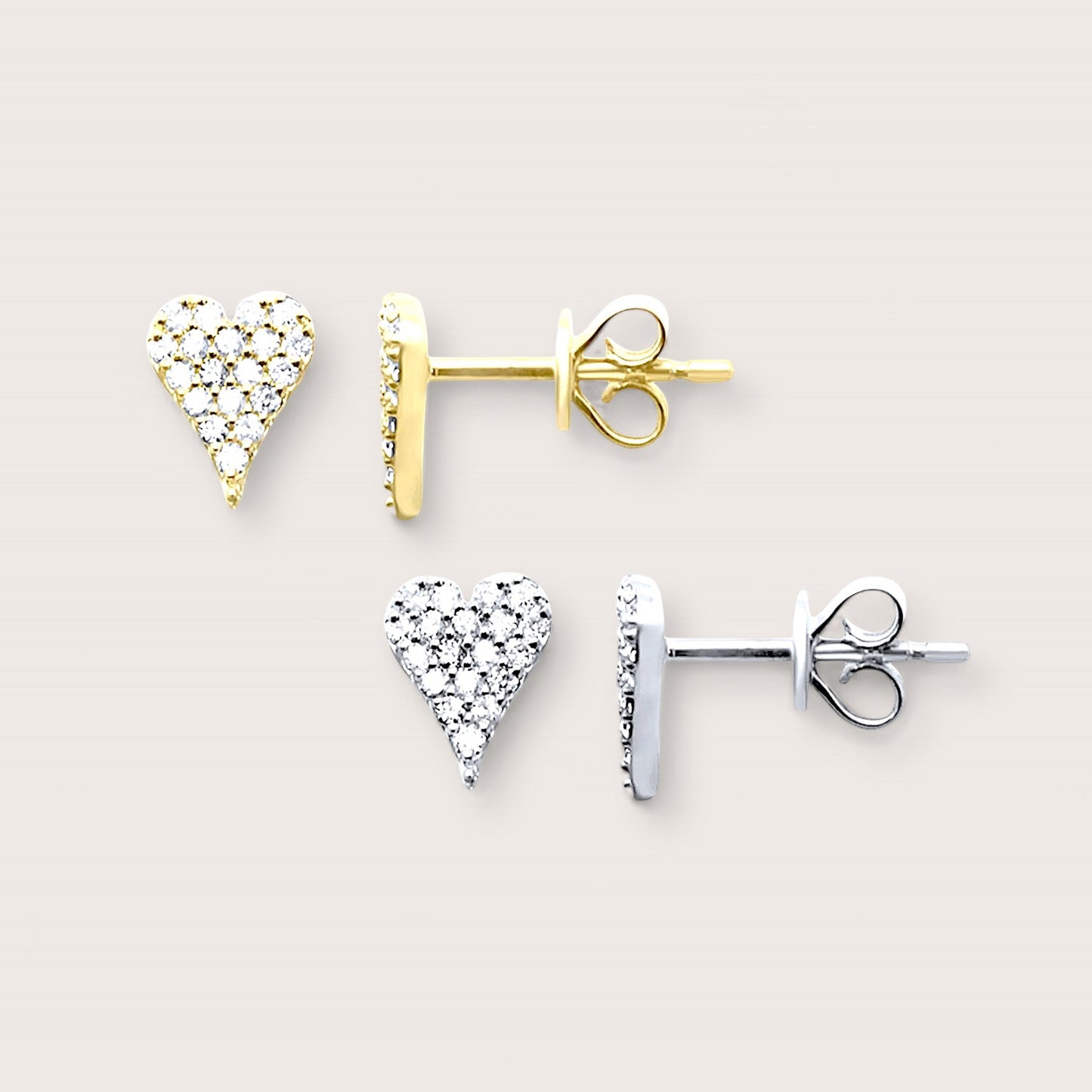 Pave Diamond Heart Stud Earrings shown in 14K Yellow Gold and 14k white Gold,  6mm