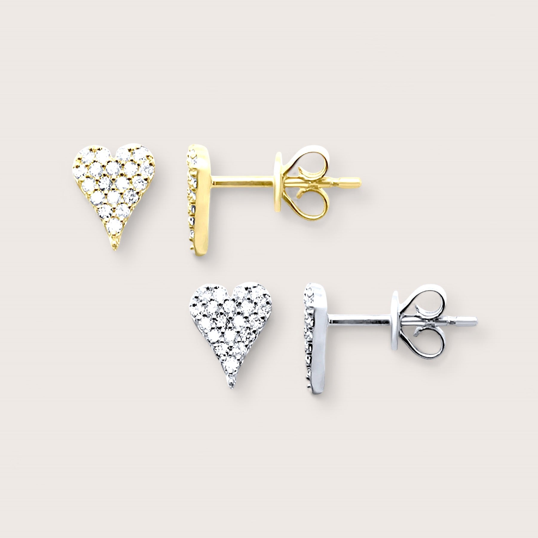 Pave Diamond Heart Stud Earrings shown in 14K Yellow Gold and 14k white Gold,  6mm