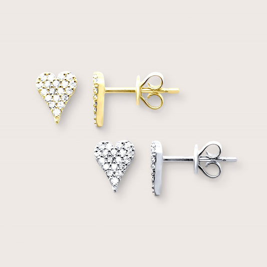 Pave Diamond Heart Stud Earrings shown in 14K Yellow Gold and 14k white Gold,  6mm