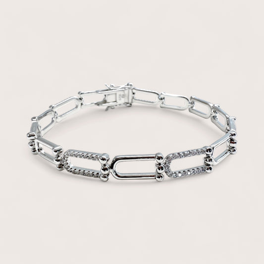 925 Sterling  Silver Pave CZ U Link chain bracelet on a light gray 
