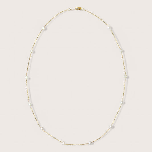 Elegant Pearl Necklace made with freshwater pearls, evenly station along a durable high quality genuine 14K Gold Filled chain with a lobster clasp closure.