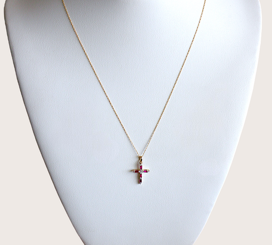 14K Gold Ruby Diamond Cross Necklace