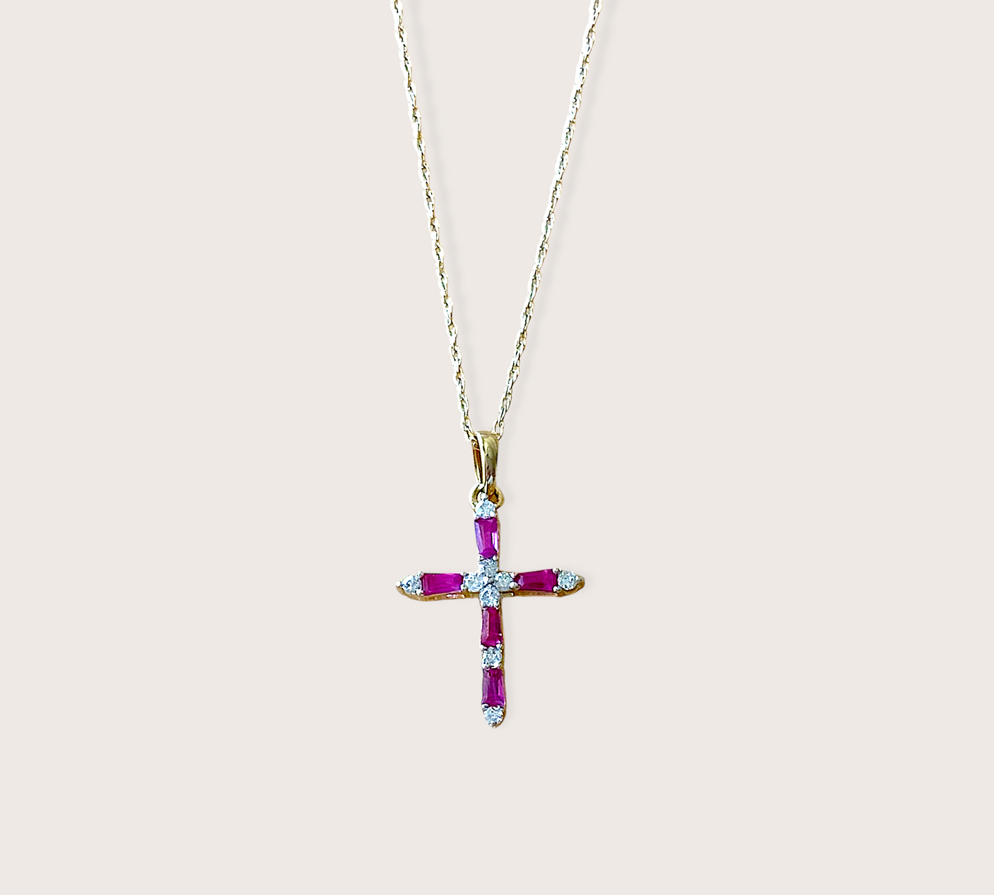 14K Gold Ruby Diamond Cross Necklace