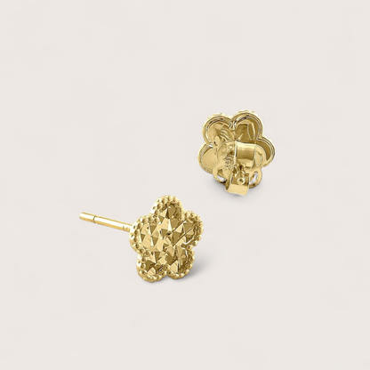 Clover Flower Stud Earrings - Solid 14K Yellow Gold, Diamond Cut Pattern