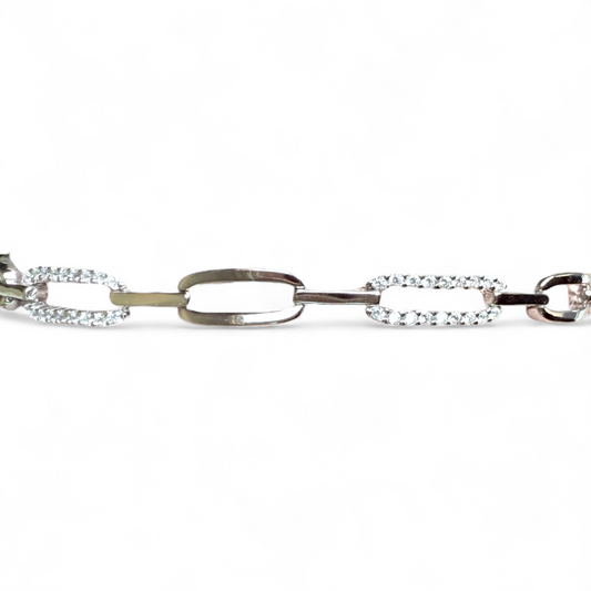 Close-up of diamond CZ oval links and polished silver links