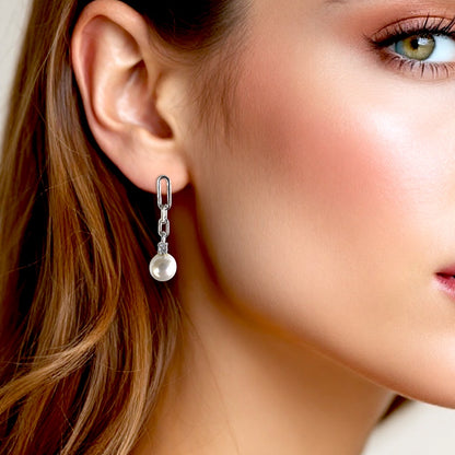 Ivory Pearl CZ Drop Chain Earrings- 925 Silver