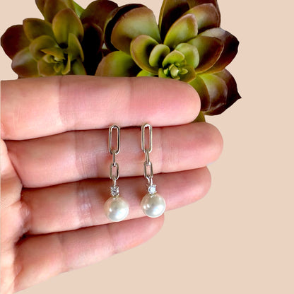 Ivory Pearl CZ Drop Chain Earrings- 925 Silver