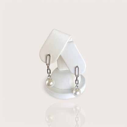 Ivory Pearl CZ Drop Chain Earrings- 925 Silver