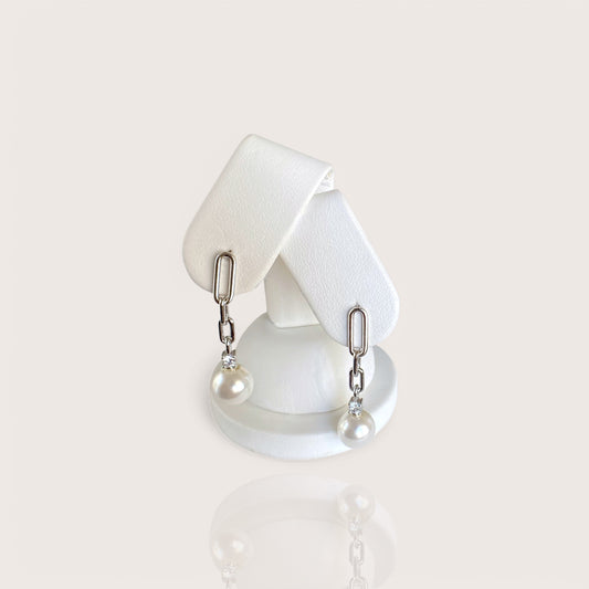 Silver Pearl Drop Link Stud Earrings