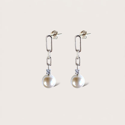 Ivory Pearl CZ Drop Chain Earrings- 925 Silver