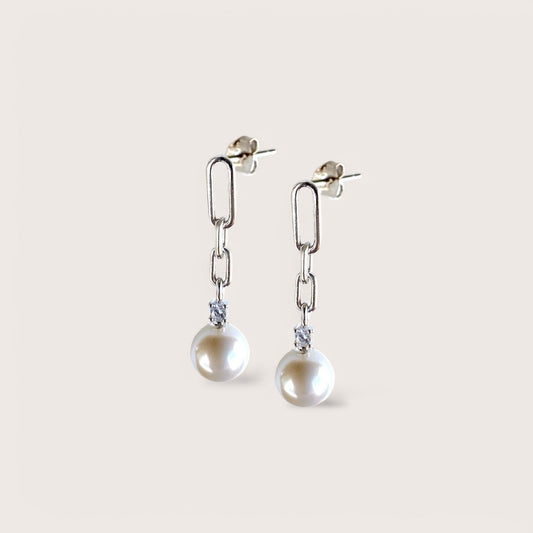 Silver Pearl Drop Link Stud Earrings