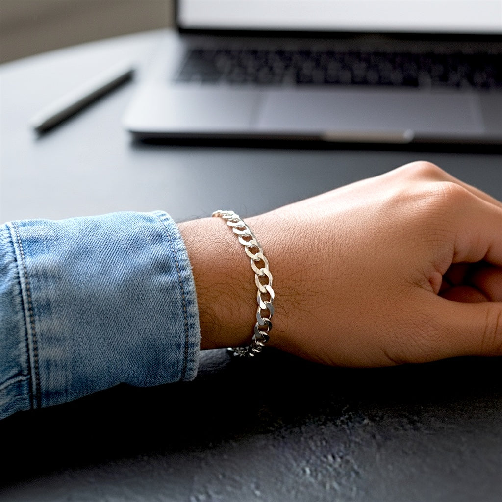 6mm Sterling Silver Flat Curb Chain Bracelet – Diamond Cut Links, Unisex Italian 925 Silver