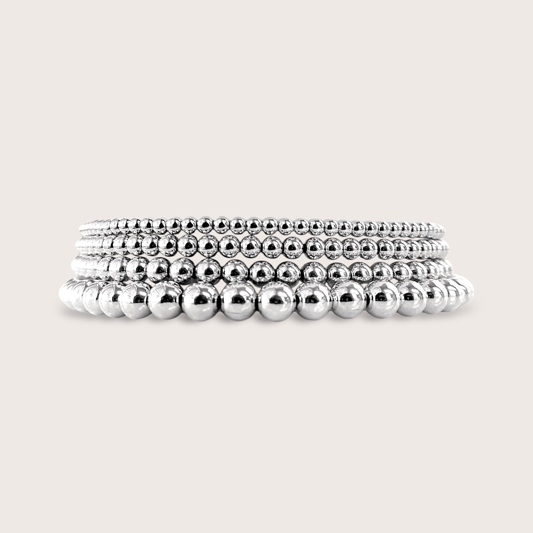 Sterling silver beaded bracelets, 2mm, 3mm 4mm, 5mm, stacked 