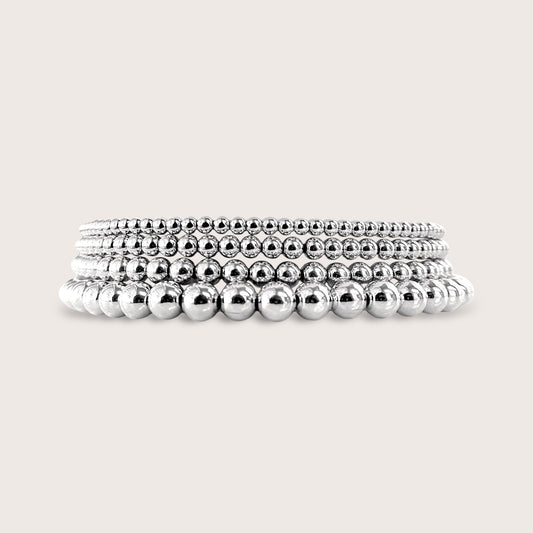 Sterling silver beaded bracelets, 2mm, 3mm 4mm, 5mm, stacked 