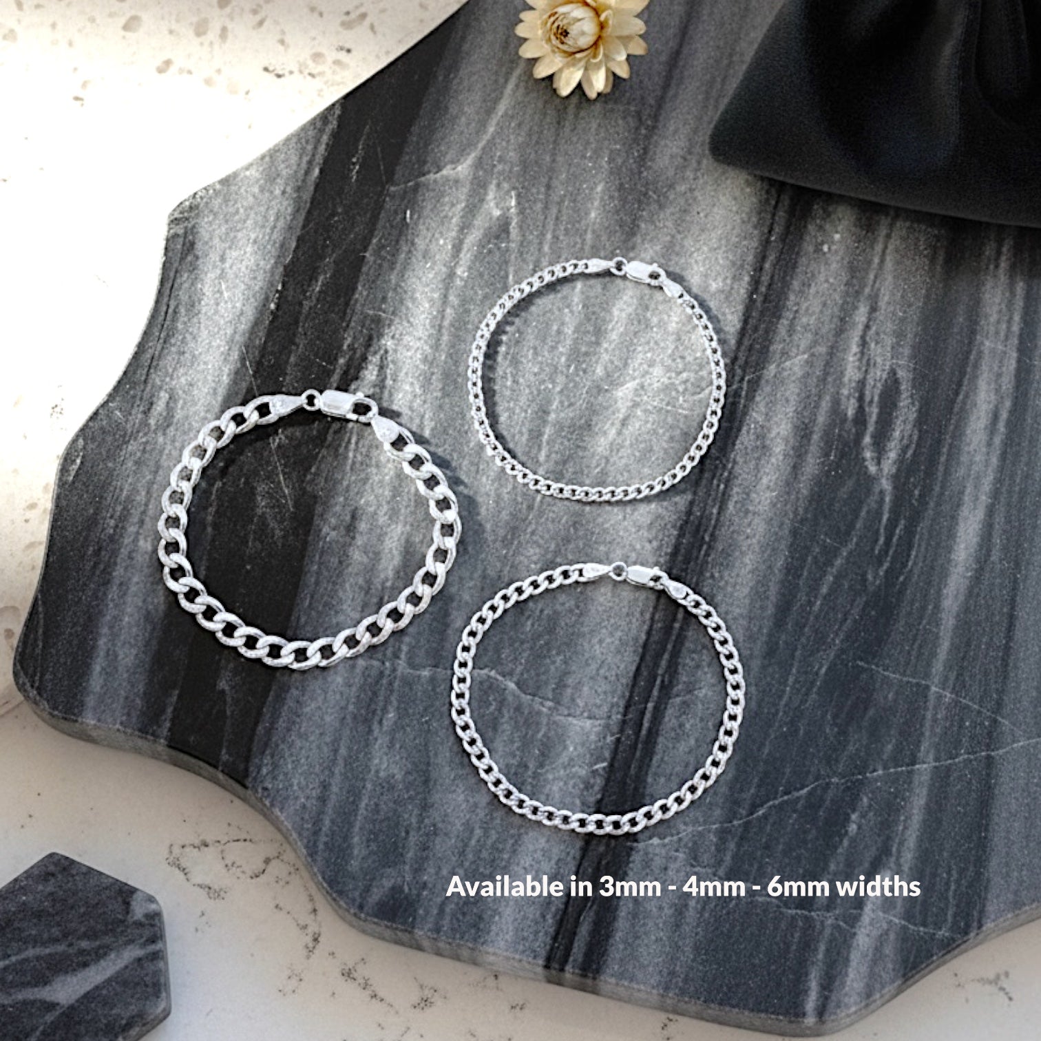 Showing Three silver curb chain bracelets with text indicating width options in 3mm 4mm and 6mm 