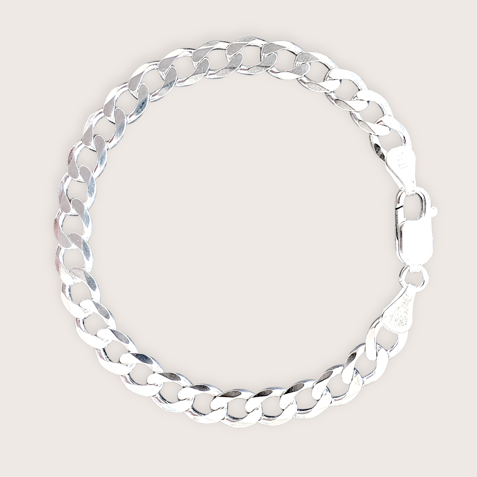 A silver curb chain bracelet with a lobster clasp closure.
