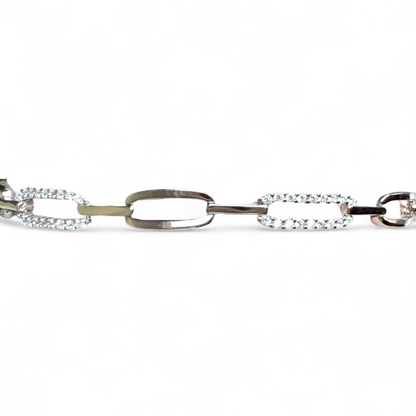 Close-up of diamond CZ oval links and polished silver links