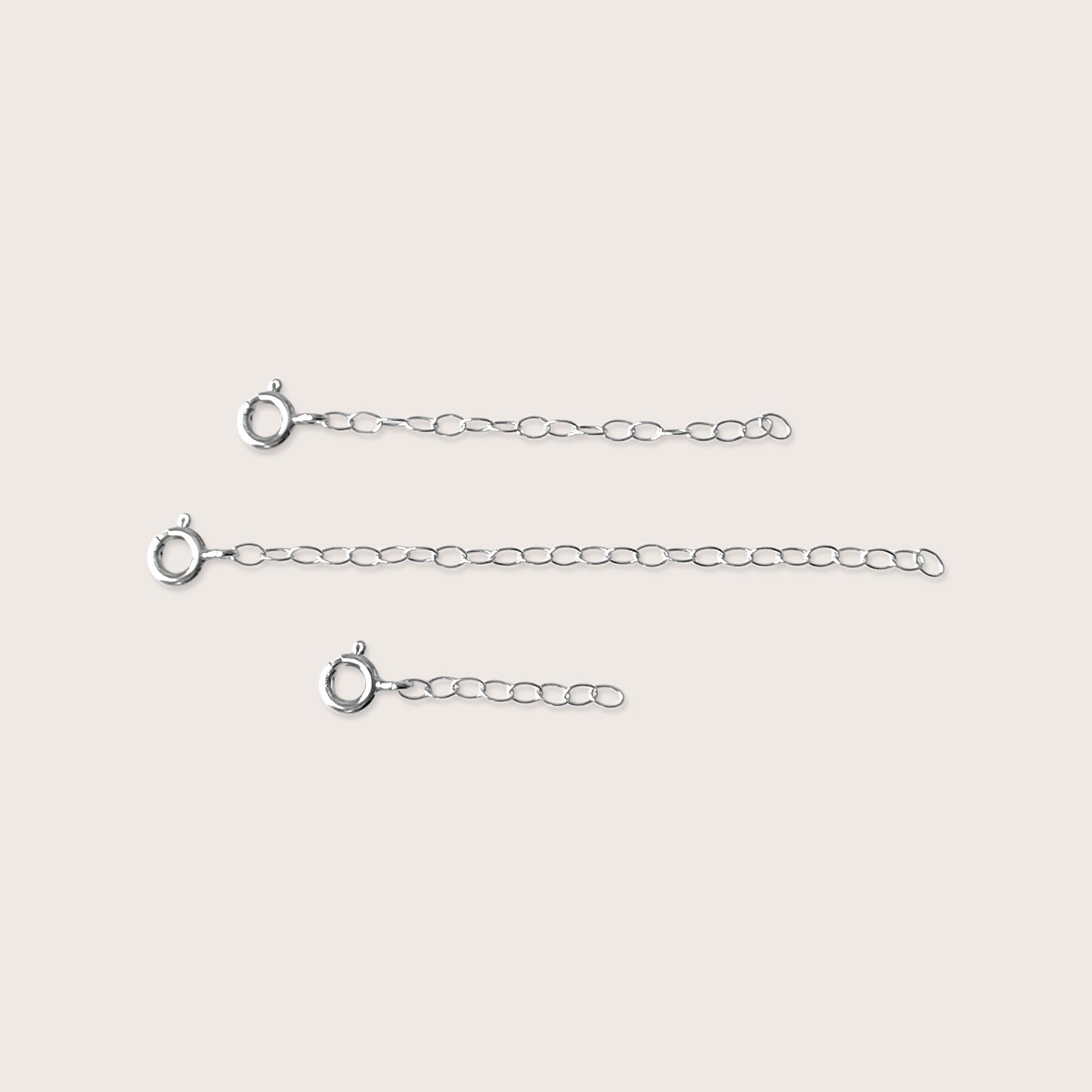 925 Italian Sterling Silver Necklace Extender showing the spring-ring clasp and multiple size options on a clean studio background.