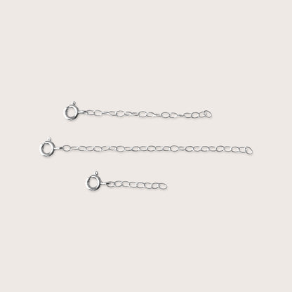 925 Italian Sterling Silver Necklace Extender showing the spring-ring clasp and multiple size options on a clean studio background.