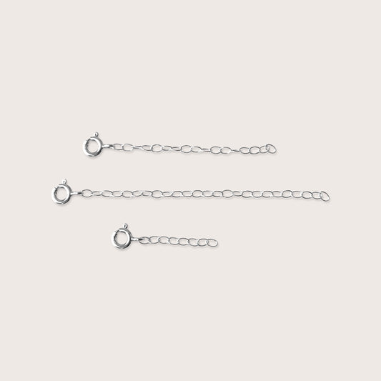 925 Italian Sterling Silver Necklace Extender showing the spring-ring clasp and multiple size options on a clean studio background.