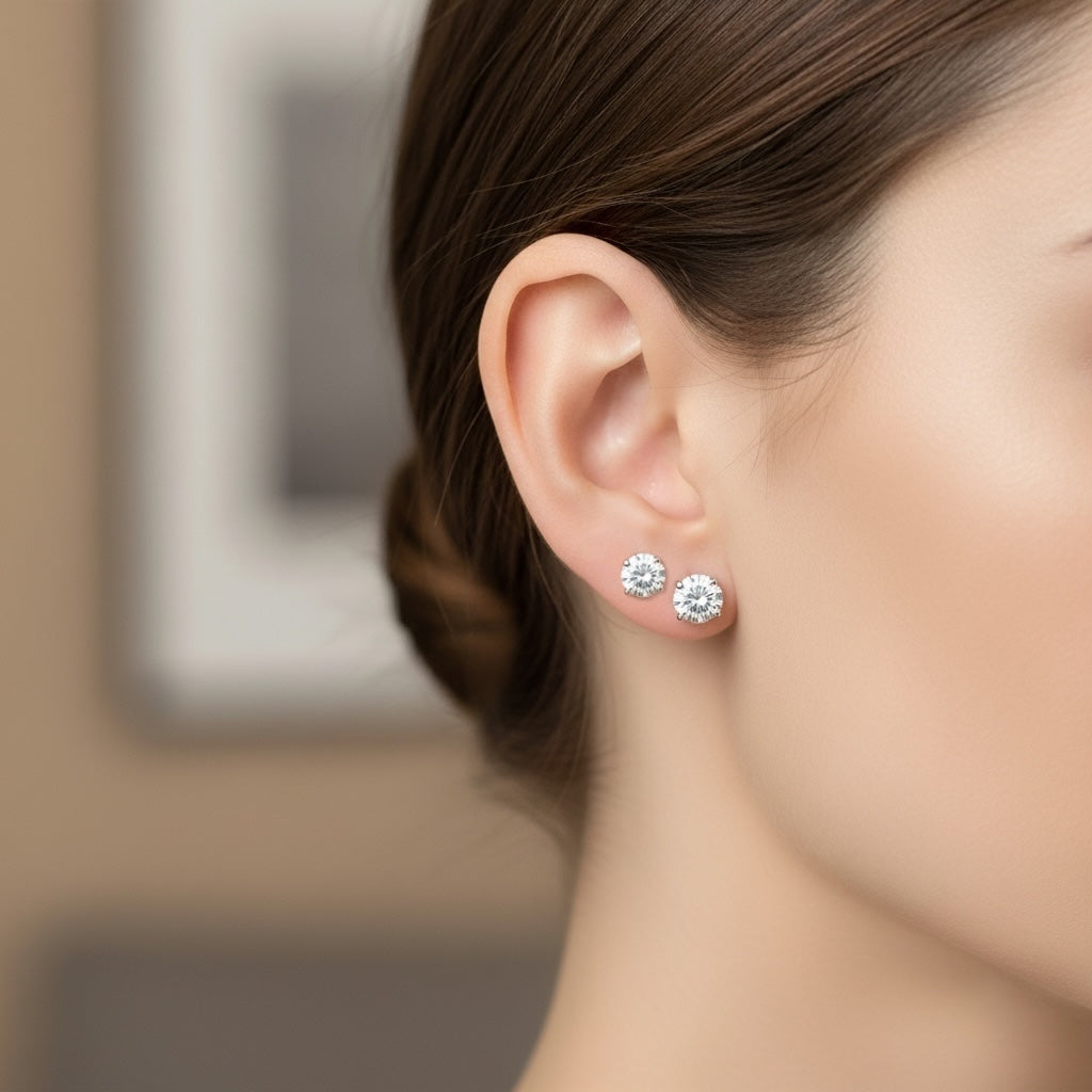 Model wearing  Rhodium Sterling Silver Moissanite Earrings on ear showing sizes stacked side by side in

5mm (1.00CTW) – 0.50ct (DEW) 

6mm (1.60CTW) – 0.80ct (DEW) 
