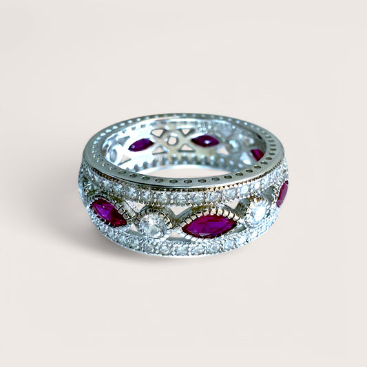 Sterling Silver Pink Sapphire Eternity Bands with clear round gemstones and pink marque gemstones