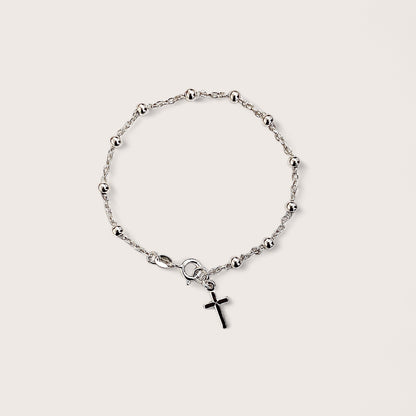  925 sterling silver beaded station chain bracelet with a dainty dangle cross charm