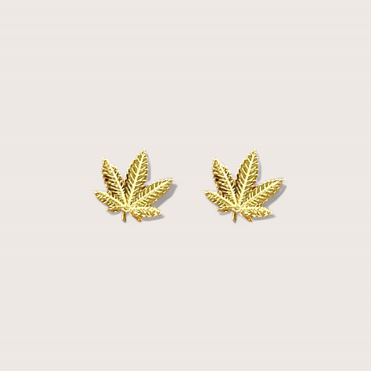 Dainty 14K Yellow Gold Cannabis Leaf Stud Earrings Front view of 7.5mm
