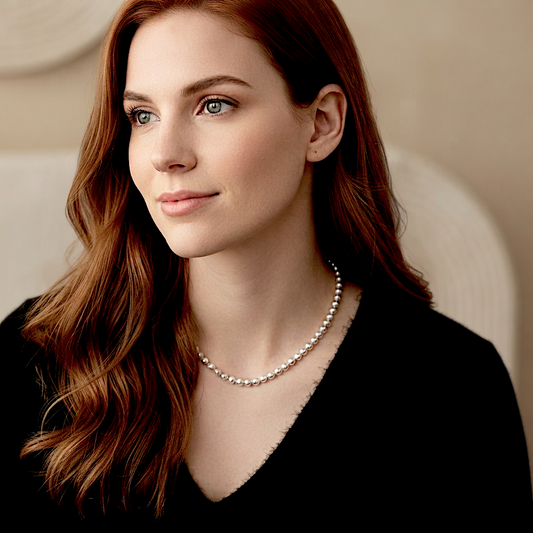 A woman wearing a high-polish, solid 925 sterling silver 6mm round bead necklace over a black v-neck top against a warm minimalist studio background. The beads have a mirror-bright shine and are precisely scaled to 6mm