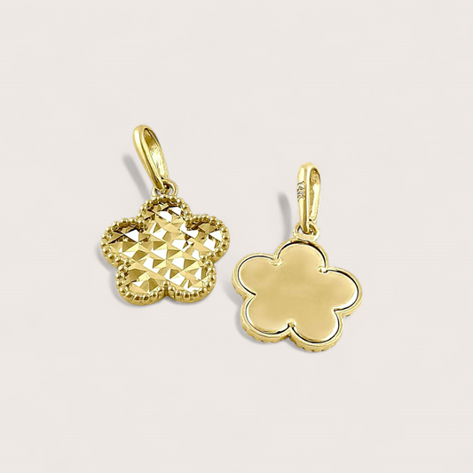 Solid 14k gold clover charm showing front side, back side and 14K authenticity stamp