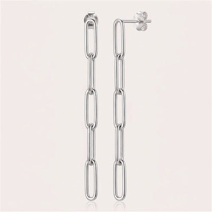 Pair of sterling silver five-link paperclip dangle earrings shown upright, with a stud post and butterfly back visible.