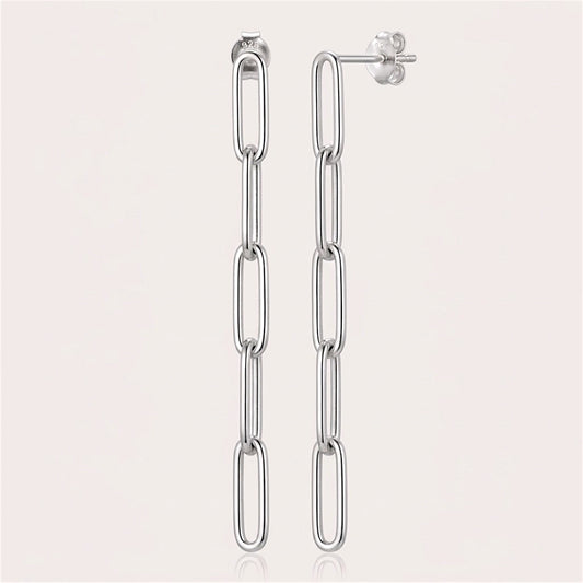 Pair of sterling silver five-link paperclip dangle earrings shown upright, with a stud post and butterfly back visible.