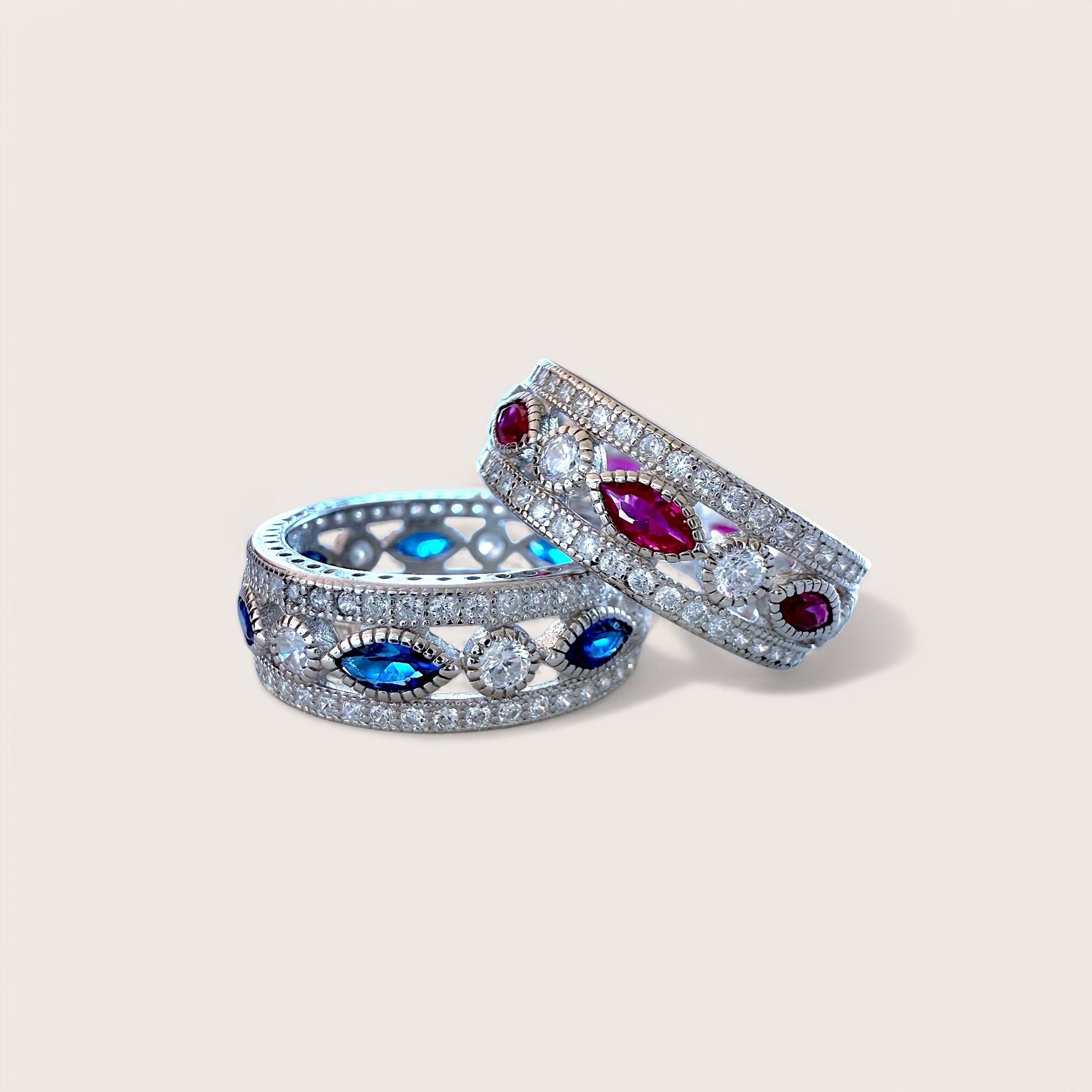 Sterling Silver Blue & Pink Sapphire Eternity Ring Stacked