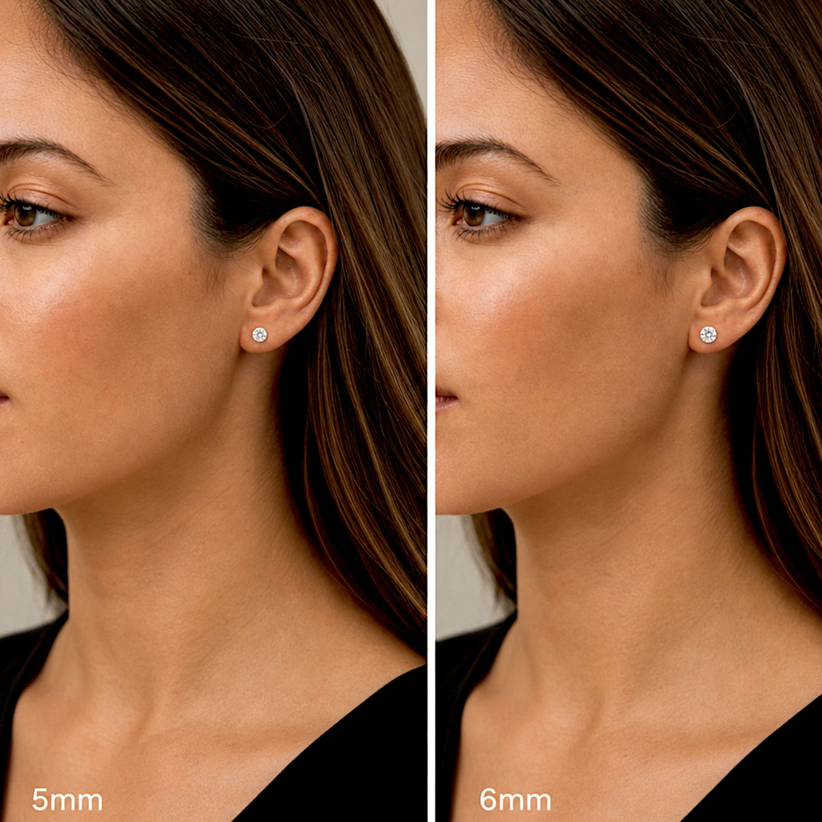 Side-by-side photos of a model wearing moissanite studs, labeled 5mm on the left and 6mm on the right.